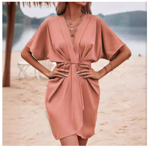 Women's V-neck Batwing Sleeve Black Casual Dress